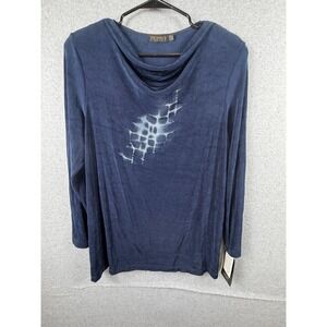 Picadilly Fashions Blouse Womens XL Navy Cowl Neck Abstract Long Sleeve Knit Top